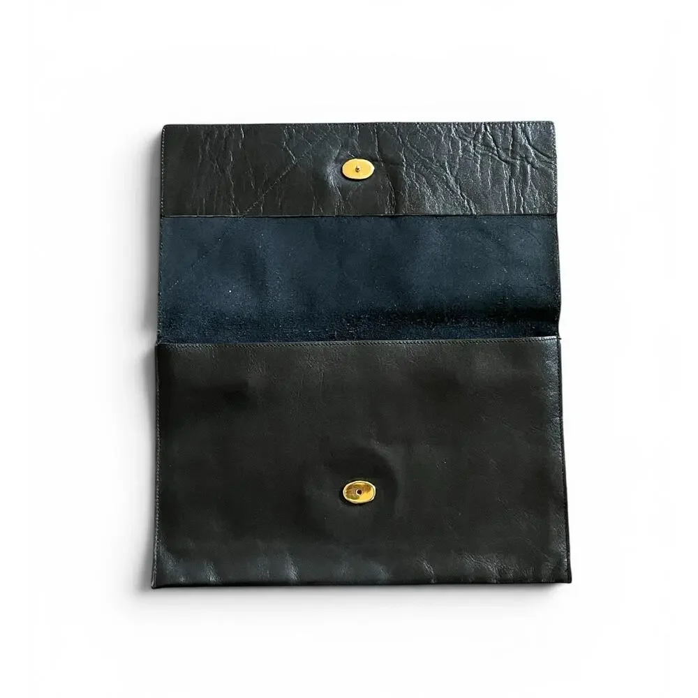 Vintage 70s David Mehler DAME Black Leather Envelope Clutch Snakeskin Trim